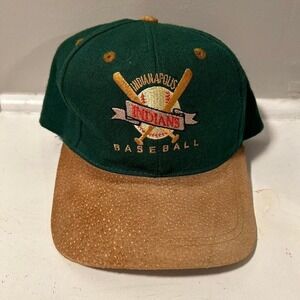 Vintage 90s Indianapolis Indians green and brown leather wool SnapBack hat cap